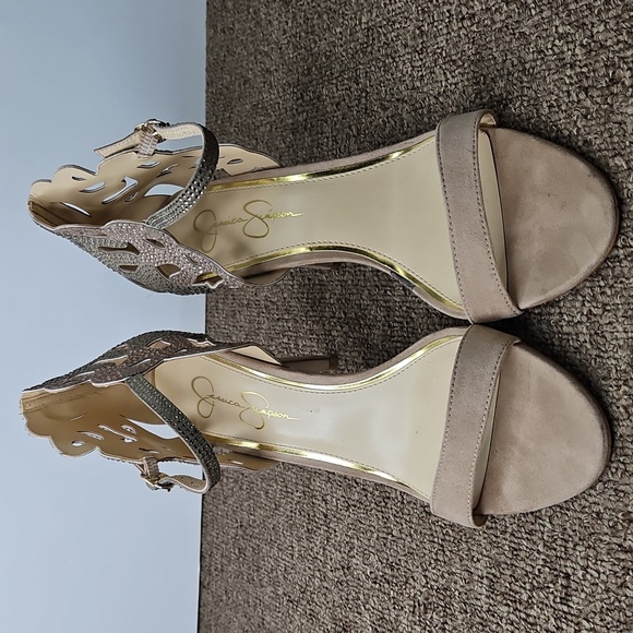Jessica Simpson Hipp Taupe Faux Suede Sparkly Rhinestones Strappy Heels Sz 9.5 - Picture 4 of 9